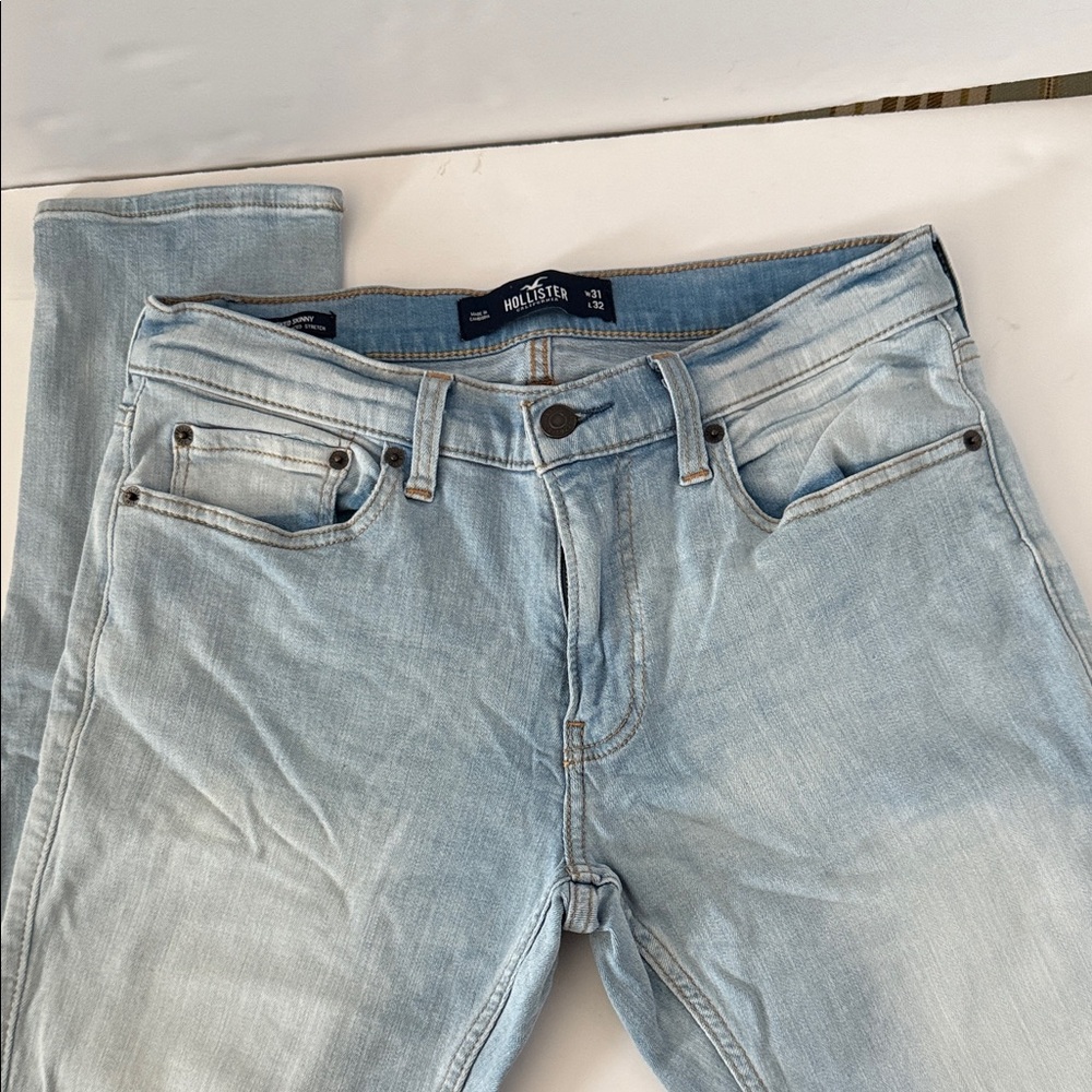 Hollister Men's stacked Skinny Jeans in Light Blue